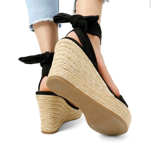 Black Espadrilles Ankle ribbon Tie Lace Up Platform Wedges sz 7 high heel shoes - Picture 4 of 13